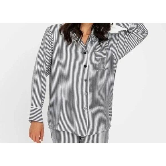 Ettitude Pajama Shirt Womens Medium Gray White Striped 100% Bamboo Lyocell Top - Picture 1 of 7
